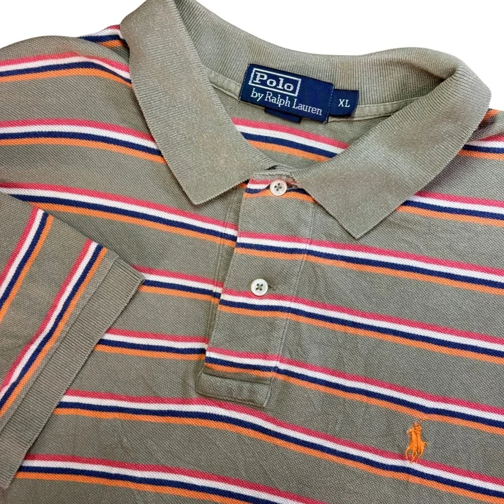Vintage Polo Ralph Lauren Polo Shirt Men XL Tan Striped Fade Pique Cotton Pony‎